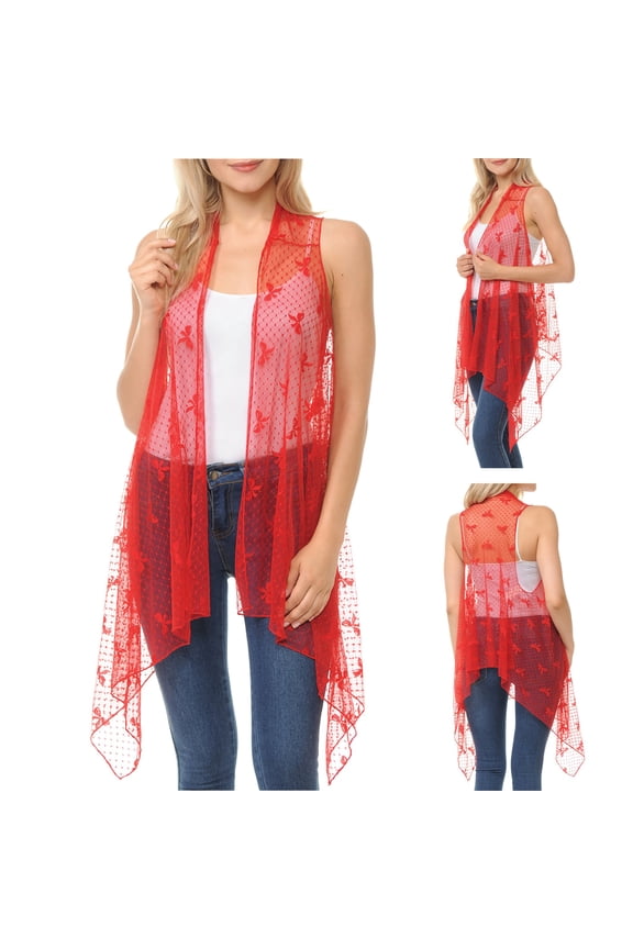 Kimono Cardigans for Women Summer Beach Swimsuit Lace Cover Up | Red Lace kimono cardigan (Ribbon Pattern, One Size)