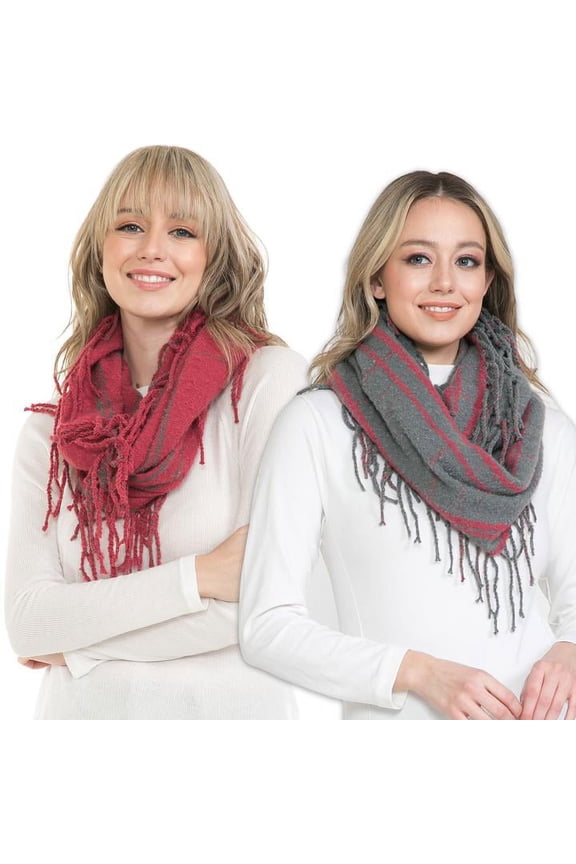 Knit Infinity Scarf | Winter Scarf Set for Women | Gray Pink Plaid Scarf Set