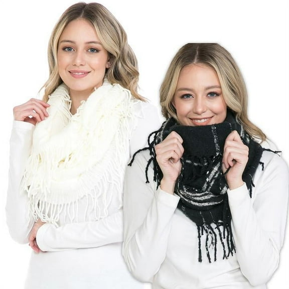 Basico Knit Infinity Scarf | Winter Scarf for Women | Black Plaid Ivory Scarves Set