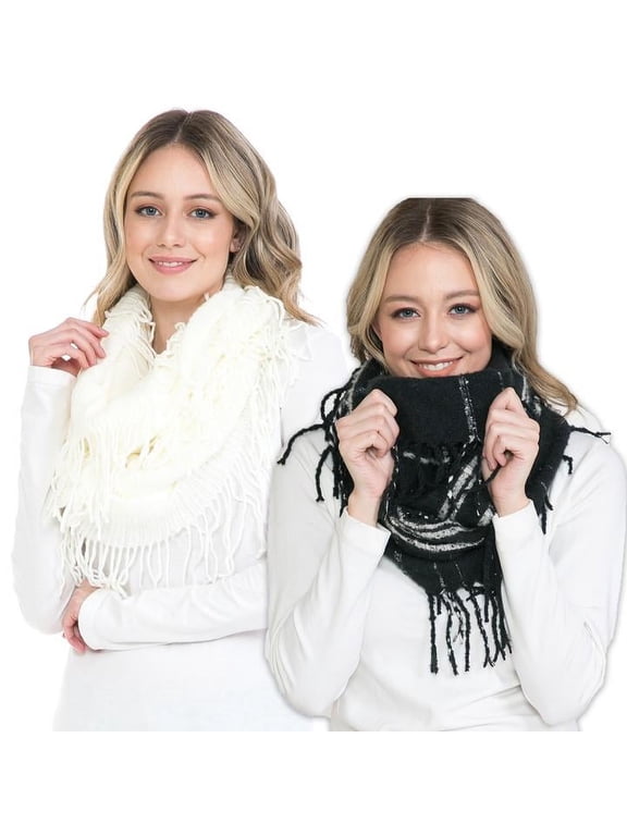 Knit Infinity Scarf | Winter Scarf for Women | Black Plaid Ivory Scarves Set