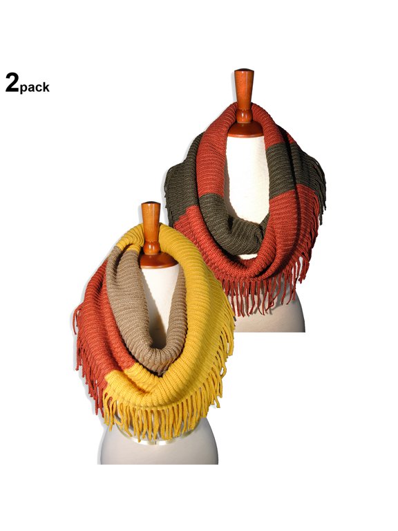 Women Winter Warm Knit Infinity Scarf Tassels Soft Shawl (2pack)