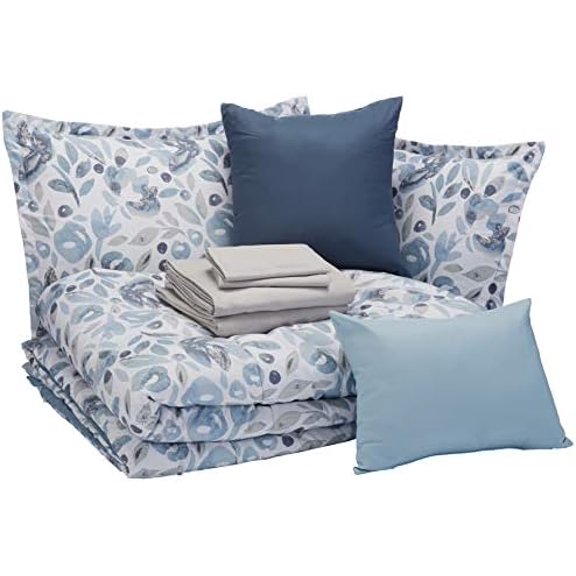 Basics 10-Piece Bed-in-a-Bag Comforter Set, Soft, Lightweight Microfiber, Queen, Blue Watercolor Floral, Machine Washable