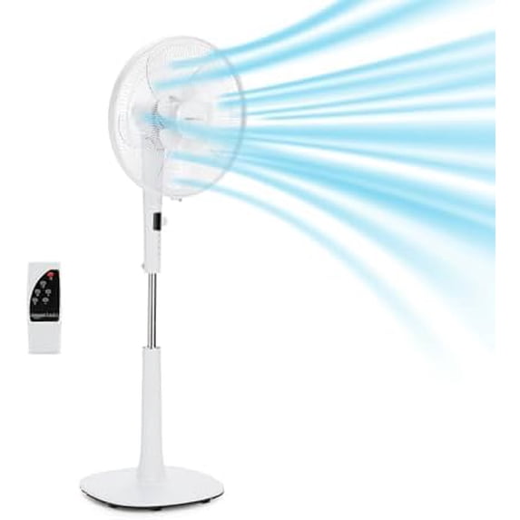 Basics 16" DC Motor Standing Floor Fan, 12 Speed with Remote, 3 Breeze Modes, Dual-Layered Blades (10 Blades), Timer, Energy Efficiency and Quiet DC Motor (28W), White