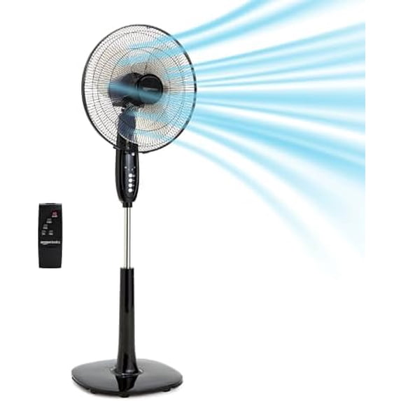 Basics 16" Pedestal Fan with Remote for Bedroom, Living Room, Office, Adjustable Height, Dual-Layered Blades, 3 Speeds, 3 Modes, Timer, Tilt Head, 60W, Black