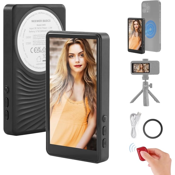 Basics 4" Magnetic Vlog Selfie Monitor Screen, Wireless Phone Back Camera with Remote/1500mAh for YouTube TikTok, NOT Compatible iPhone 17 Google Phone/4K Video Recording, M4B