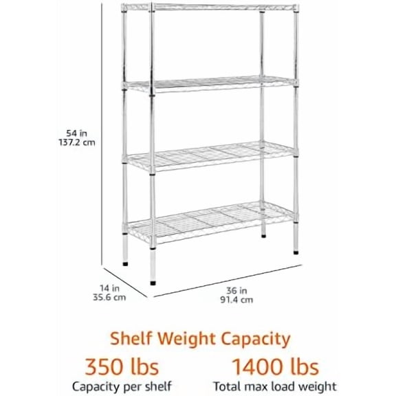 Basics 4-Shelf Adjustable Heavy Duty Steel Wire Rack Storage Shelving Organizer for Kitchen, Garage, 36" L x 14" W x 54" H, Chrome Silver