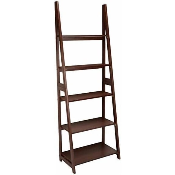 Basics 5-Tier Ladder Bookshelf Storage Organizer, Solid Rubberwood Frame, Space-Saving Bookcase, Sturdy Shelves, Walnut Finish, 14" D x 24.8" W x 70.1" H