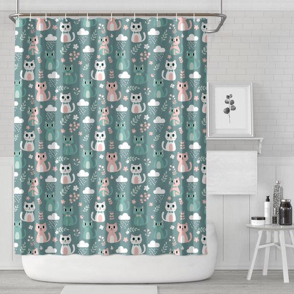 Basics Bathroom Shower Curtain, Water Resistant Fabric with Grommets & Hooks, Machine Washable, 36"x72",Cat Cloud Floral Teal Pattern