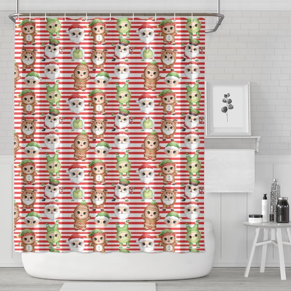 Basics Bathroom Shower Curtain, Water Resistant Fabric with Grommets & Hooks, Machine Washable, 36"x72",Christmas Character Stripe Red Pattern