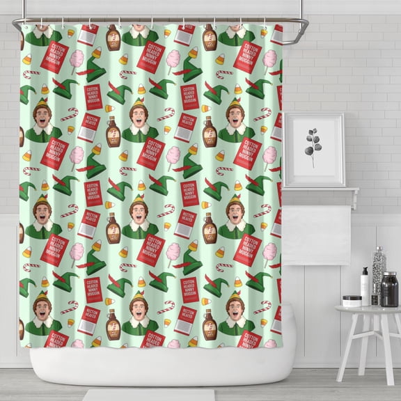 Basics Bathroom Shower Curtain, Water Resistant Fabric with Grommets & Hooks, Machine Washable, 36"x72",Christmas Elf Movie Mint Pattern