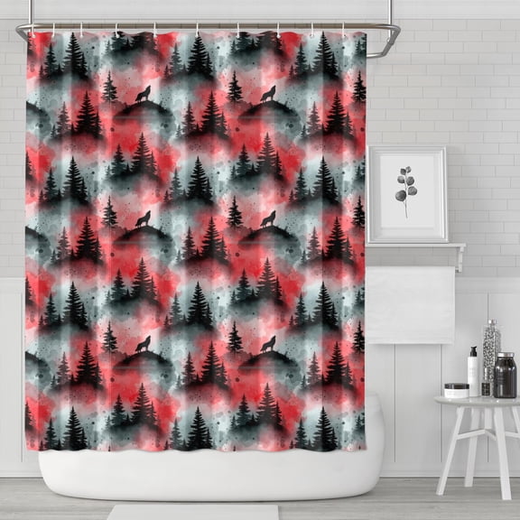 Basics Bathroom Shower Curtain, Water Resistant Fabric with Grommets & Hooks, Machine Washable, 36"x72",Wolf Watercolor Forest Red Pattern