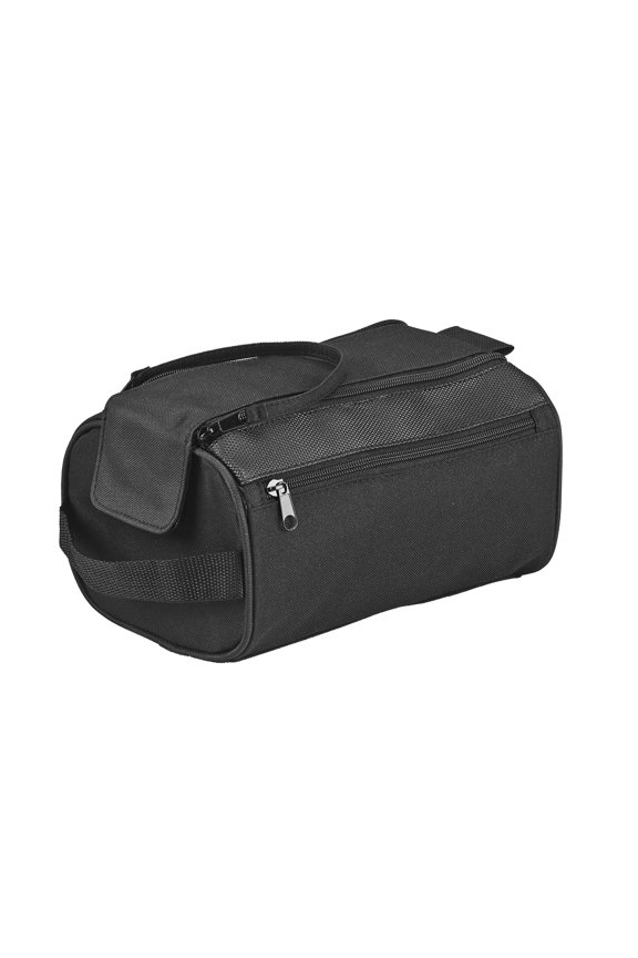 Black Toiletry Bag with Double-Zippered Wide Access, Quick-Grab Exterior Pocket, and Webbed Handle