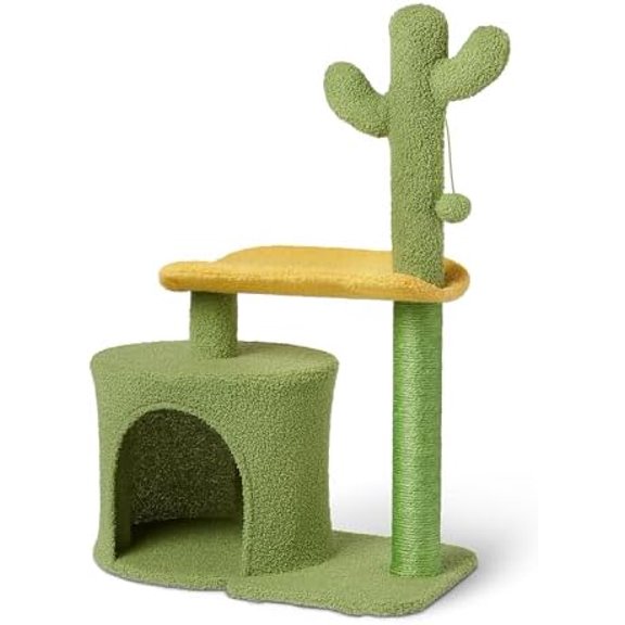 Basics Cactus Cat Tree for Indoors Cats& Kittens, Scratching Post with Curved Perch and Cozy Cat Condo, Interactive Dangling Ball,30.7” (77.9cm) H, Green