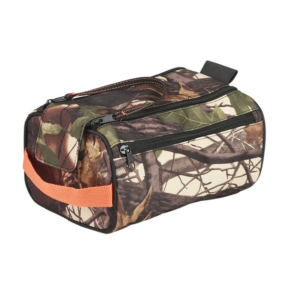 Basics Camouflage Toiletry Bag with Double-Zippered Wide Access, Quick-Grab Exterior Pocket, and Webbed Orange Handle