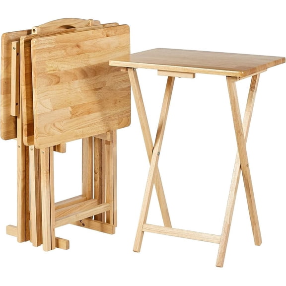 Basics Classic Foldable TV Dinner Tray Table with Storage Rack, 14.6 L x 19 W x 26 H inch, Natutral, 4-Pack