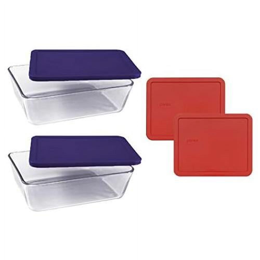 Basics Clear Glass Food Storage Dishes, 2 (11Cup) Oblong Dishes With Navy Blue And Red Plastic