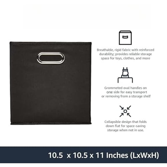 Basics Collapsible Cube Storage Organizer Bins, 6-Pack, 10.5 x 10.5 x 11 inches, Black