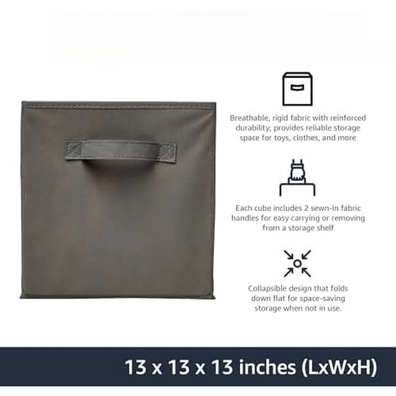 Basics Collapsible Fabric Storage Cube Bins Organizer with Handles, Sturdy, Gray, 13-x-13-x-13-inch, Pack of 6