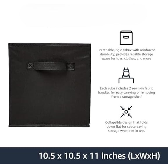 Basics Collapsible Fabric Storage Cubes Organizer with Handles, Sturdy, Black, 10.5-x-10.5-x-11-inch, Pack of 6