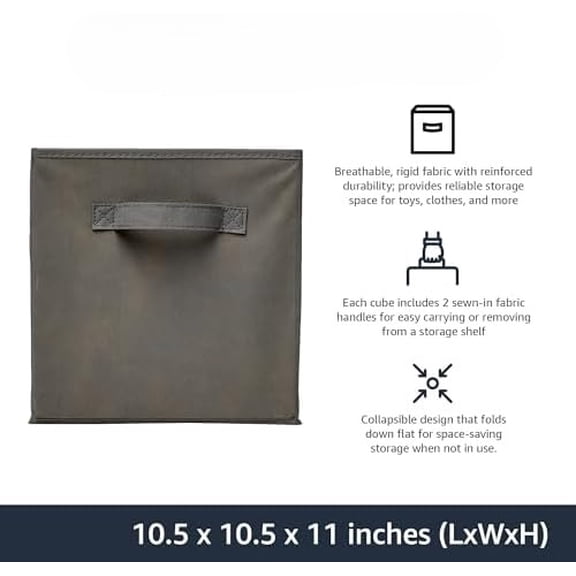 Basics Collapsible Fabric Storage Cubes Organizer with Handles, Sturdy, Gray, 10.5-x-10.5-x-11-inch, Pack of 6