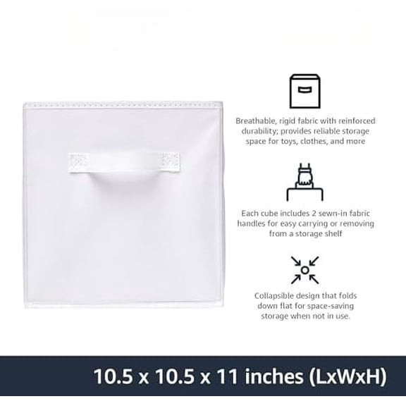 Basics Collapsible Fabric Storage Cubes Organizer with Handles, Sturdy, White, 10.5-x-10.5-x-11-inch, Pack of 6