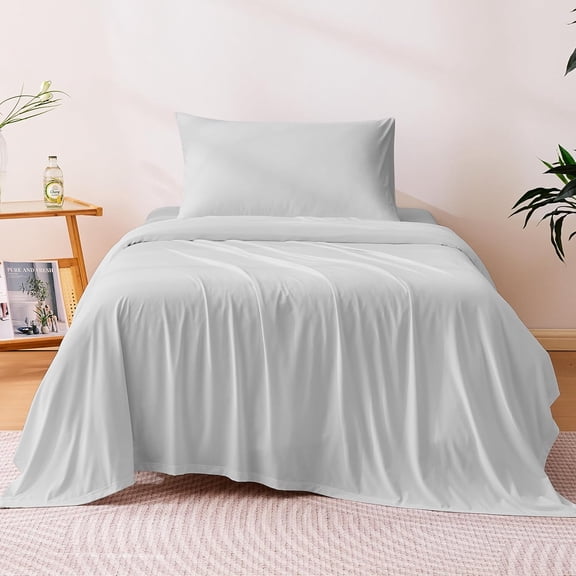 Basics Cooling Sheets, 3 Piece 100% Recycled Polyester Bed Sheet Set for Hot Sleepers, Breathable, 15-Inch Deep Pocket, Twin, Gray