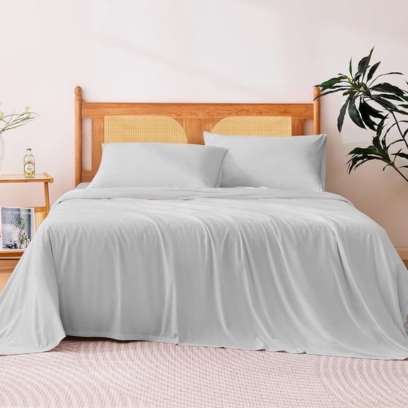Basics Cooling Sheets, 4 Piece 100% Recycled Polyester Bed Sheet Set for Hot Sleepers, Breathable, 15-Inch Deep Pocket, Queen, Gray
