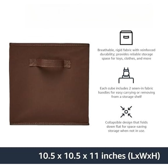 Basics Cube Organizer Storage Bins Handles, Collapsible Fabric, Pack of 6, 10.5"x10.5"x11", Brown