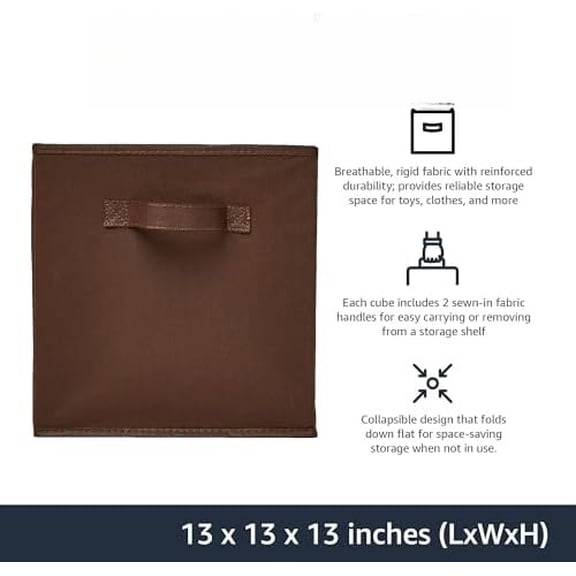 Basics Cube Organizer Storage Bins Handles, Collapsible Fabric, Pack of 6, 13"x13"x13", Brown