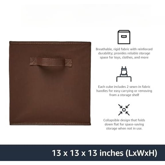 Basics Cube Organizer Storage Bins Handles, Collapsible Fabric, Pack of 6, 13"x13"x13", Brown