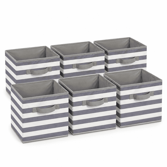 Basics Cube Organizer Storage Bins with Handles, Collapsible Fabric, Pack of 6, 10.5"x10.5"x11", White/Light Grey Stripe