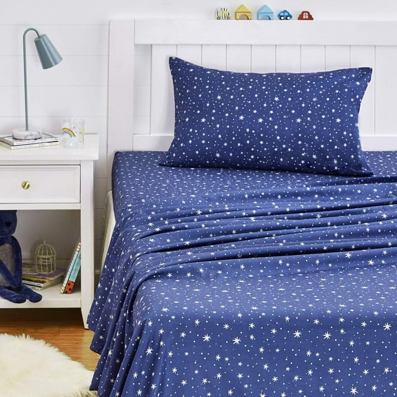 Basics Kid's Soft Easy-Wash Microfiber 3-Piece Sheet Set, Machine Washable, Twin, Navy Galaxy
