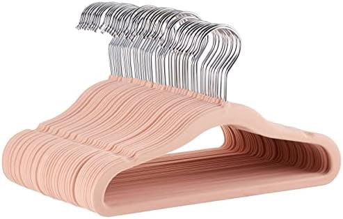 Basics Kids Space Saving Velvet Non-Slip Clothes Hangers with Shoulder Notches for Infant and Toddler, 11.6", Blush, 50-Pack