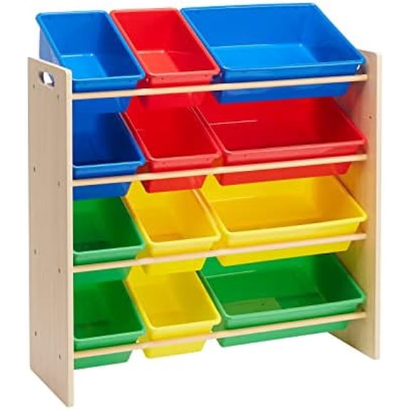 Basics Kids Toy Storage Organizer With 12 Plastic Bins, Natural Wood With Bright Bins, 10.9" D x 33.6" W x 31.1" H