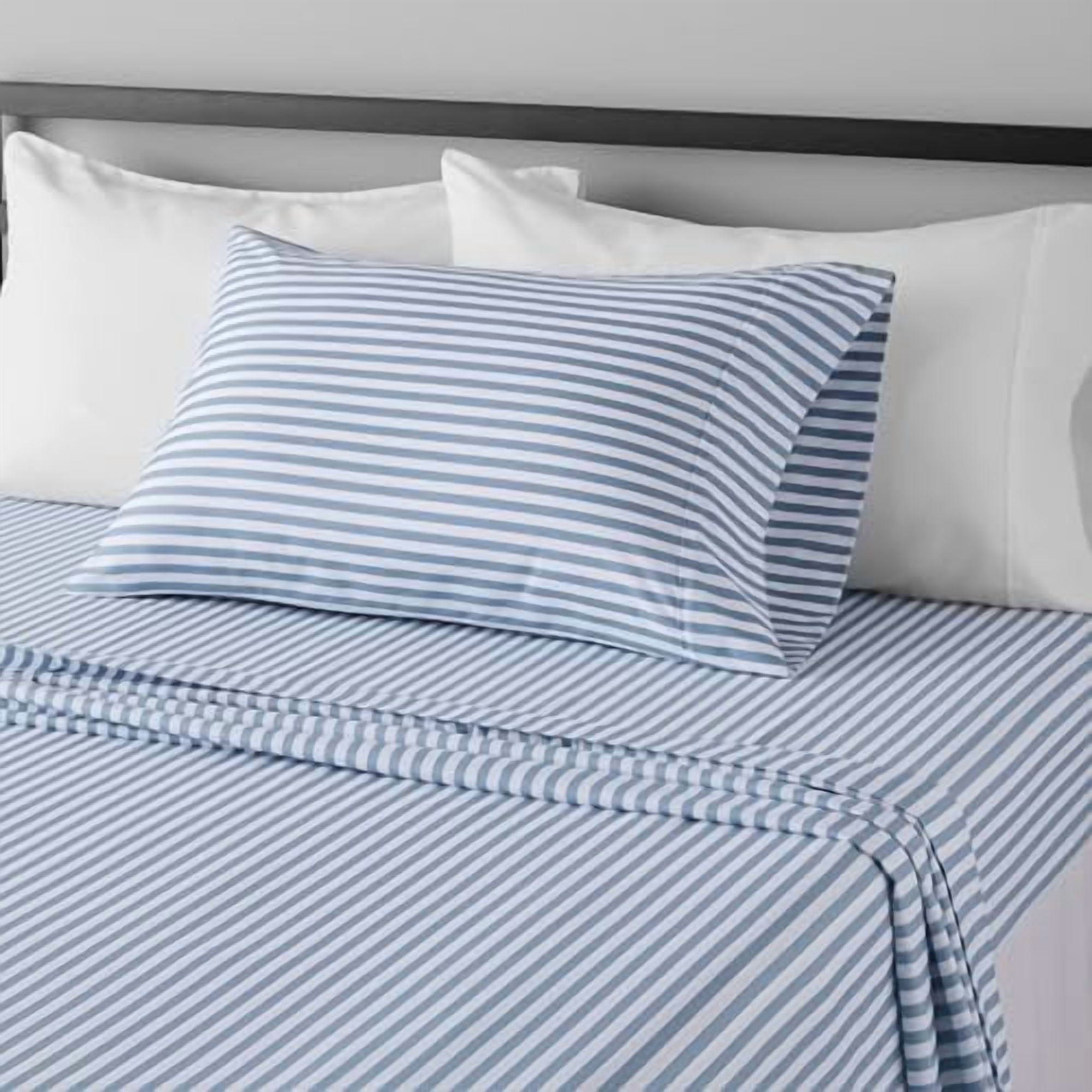 Basics Lightweight Super Soft Easy Care Microfiber 3 Piece Bed Sheet Set With 14-inch Deep Pockets - Twin, Dusty Blue Pinstripe,Printed
