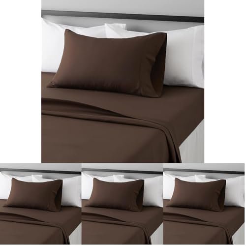 Basics Lightweight Super Soft Easy Care Wrinkle Free Microfiber 3 Piece Bed Sheet Set with 14-Inch Deep Pockets, Twin, Chocolate, Solid, Kids, Men & Women Bedding (Pack of 4)