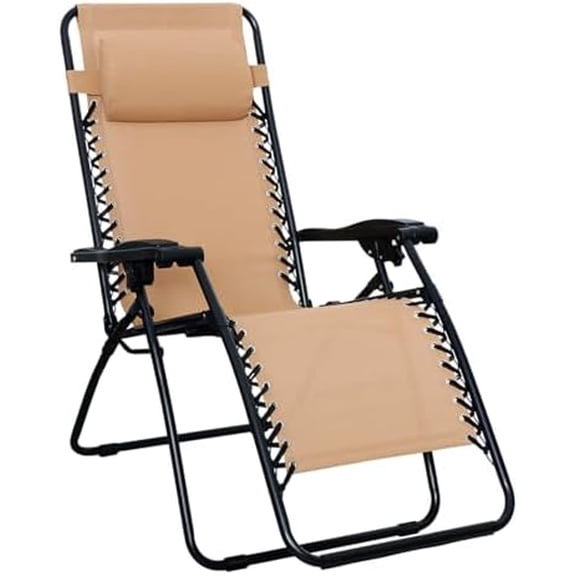 Basics Outdoor Patio Zero Gravity Folding Reclining Lounge Chair with Padded Headrest Pillow, Adjustable Lawn Chair for Outside, Weather-resistant Textilene, 26", Beige