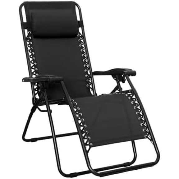 Basics Outdoor Patio Zero Gravity Portable Folding Reclining Lounge Chair with Padded Headrest Pillow, Weather Resistant Textilene, 26", Black