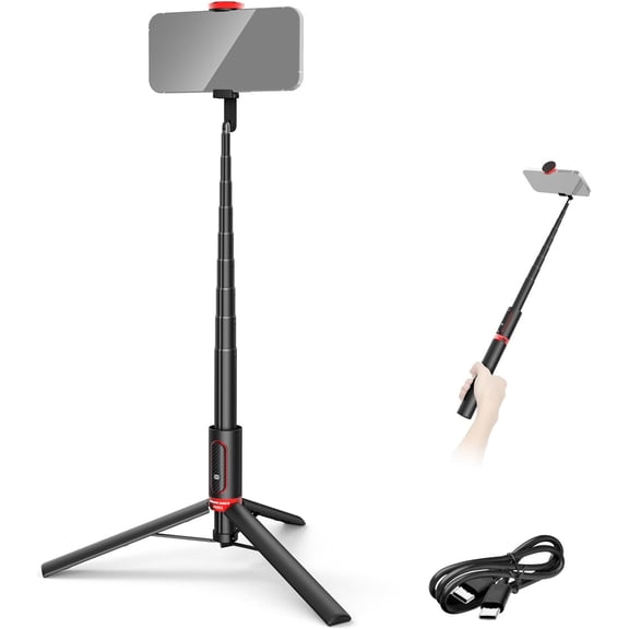 Basics PA991 Selfie Stick Tripod Compatible with iPhone Samsung Android, 57.9 Inch Metal Portable Lightweight Travel Mobile Phone Stand with Holder & Remote Control for Video Recording