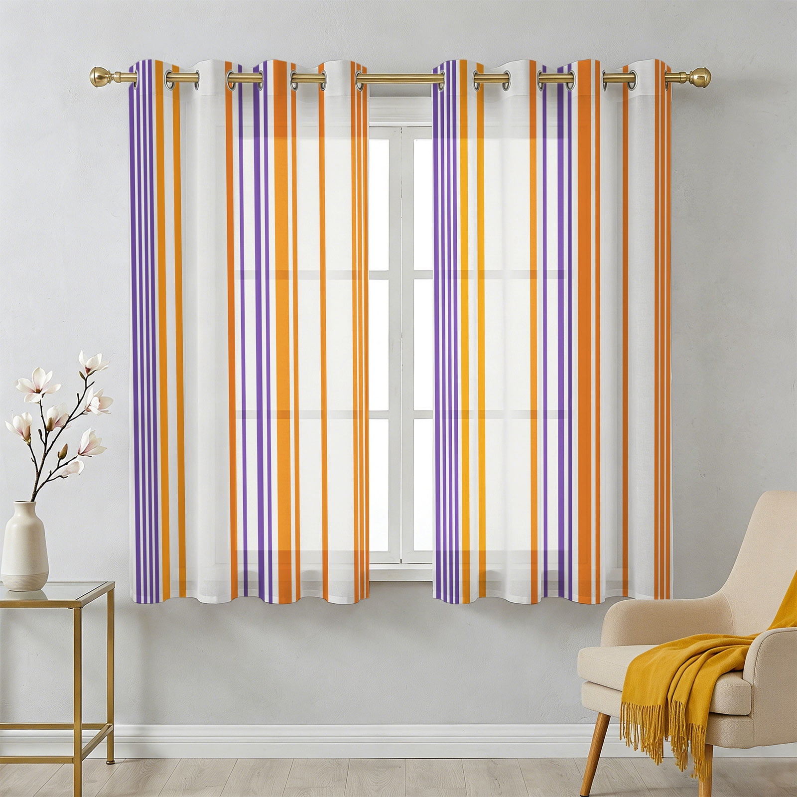 Basics Patterned Sheer Curtains 39 Inch Long 2 Panels, Watercolor Rectangle Colorful Stripes Light Filtering Semi Sheer Drapes Grommet Voile Window Curtain for Living Bedroom W27.9 x L39