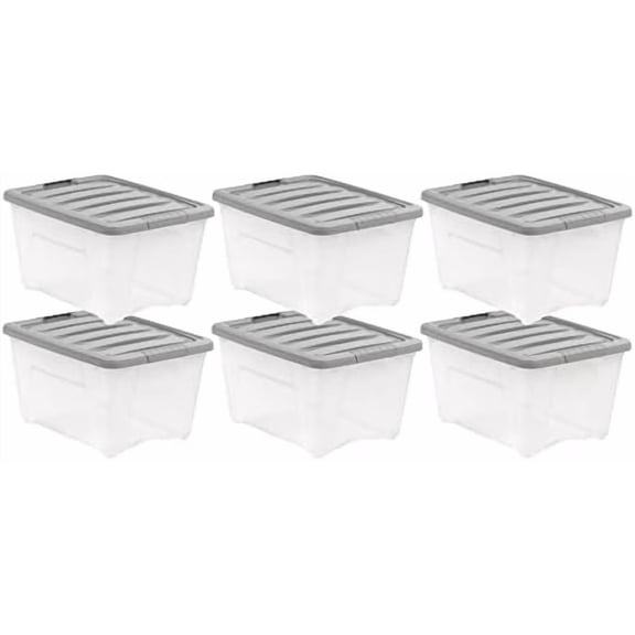 Basics Plastic Storage Containers with Secure Latching Lids, Stackable Organization Bins, Clear/Grey, 32 Quart, Set of 6