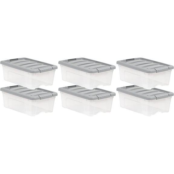Basics Plastic Storage Containers with Secure Latching Lids, Stackable Organization Bins for Organizing, Clear/Grey, 12 Quart, Set of 6
