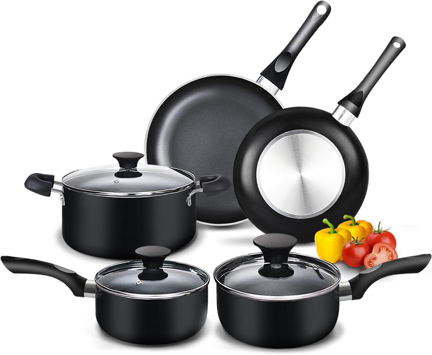 Basics Pots and Pans Cooking, 15-Piece Nonstick Cookware Set, Black ...