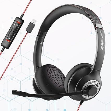 Basics Pro Series Wired USB On Ear Headset with Mic | 40 mm Driver | Computer/PC or Laptop Headphone | Noise Cancellation Microphone | in-line Control for Home, Office, Teams or Zoom, Black