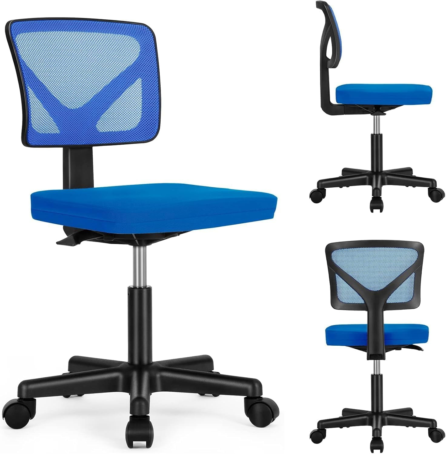 Basics Rolling Desk Chair, Adjustable, Low Back, Padded Seat, Breathable Mesh, Swivel, Blue