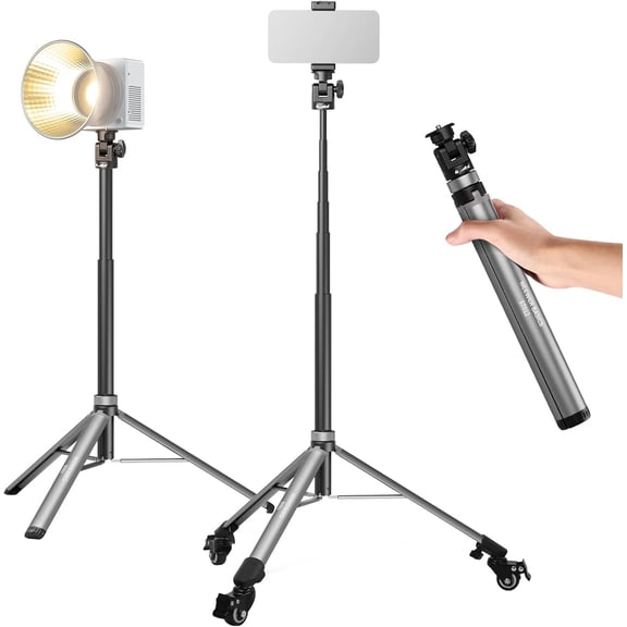 Basics Rolling Light Stand with 1/4" Screw & Phone Holder, Adjustable Aluminum Alloy Tripod with Detachable Wheels for Photography Video Lighting Cell Phone DSLR Action Camera Webcam, ST012