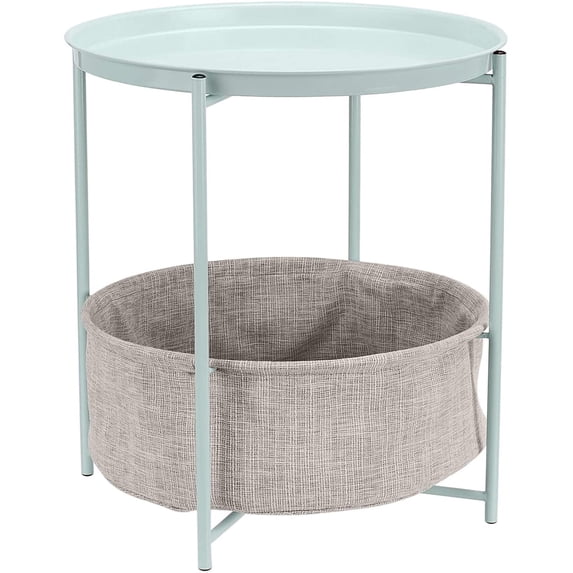 Basics Round Storage End Table, Side Table with Cloth Basket, Mint Green/Heather Gray, 18 in x 18 in x 19 in