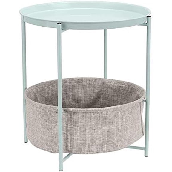 Basics Round Storage End Table, Side Table with Cloth Basket, Mint Green/Heather Gray, 18 in x 18 in x 19 in
