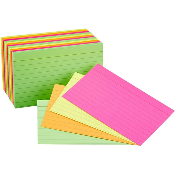 Ruled Index Flash Cards for Studying and Note Taking, Color Coding, Assorted Neon Colors, 3" x 5", 300-Count