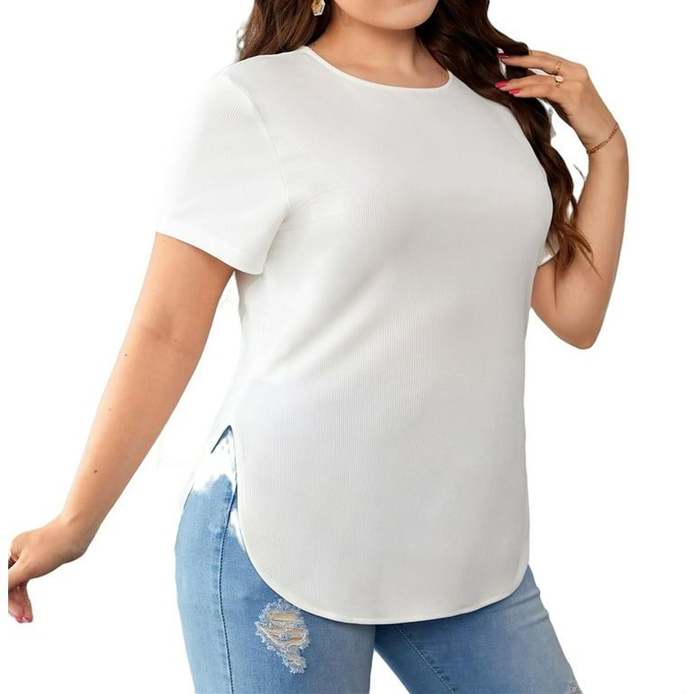 Basics Solid T Shirts Women's Plus Short Sleeve Round Neck Curved Hem Tee  0XL(12) White 